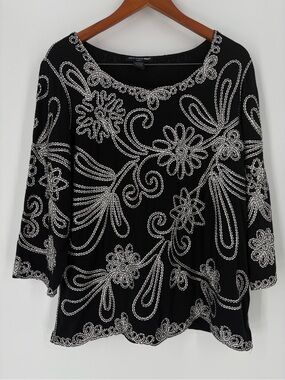 St Tropez West 3/4 Sleeve Classy Elegant Black Embroidered Resort Blouse Top 1X